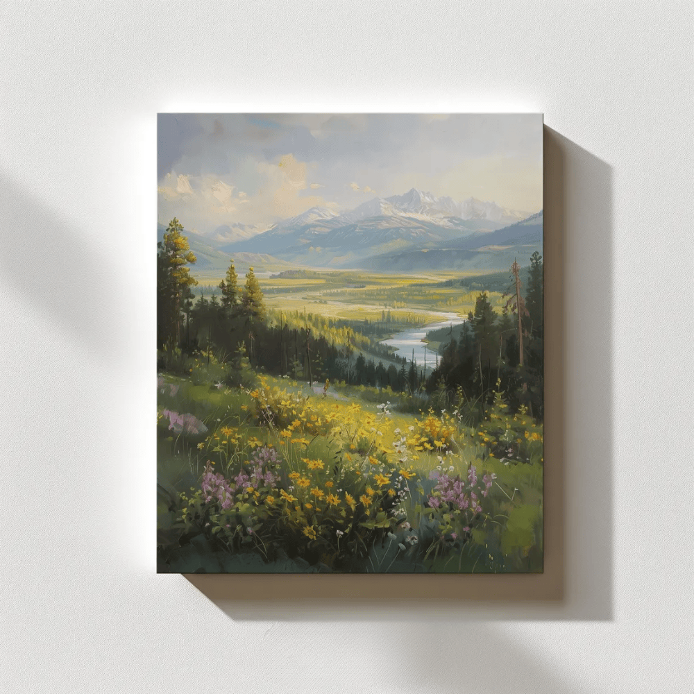 Wildflower Field Canvas Print - Vintage Mountain Landscape Wall Art