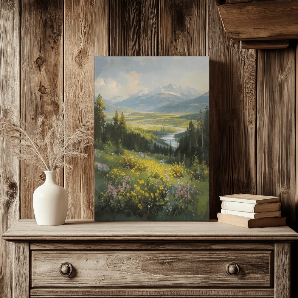 Wildflower Field Canvas Print - Vintage Mountain Landscape Wall Art