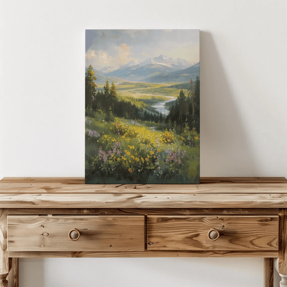 Wildflower Field Canvas Print - Vintage Mountain Landscape Wall Art
