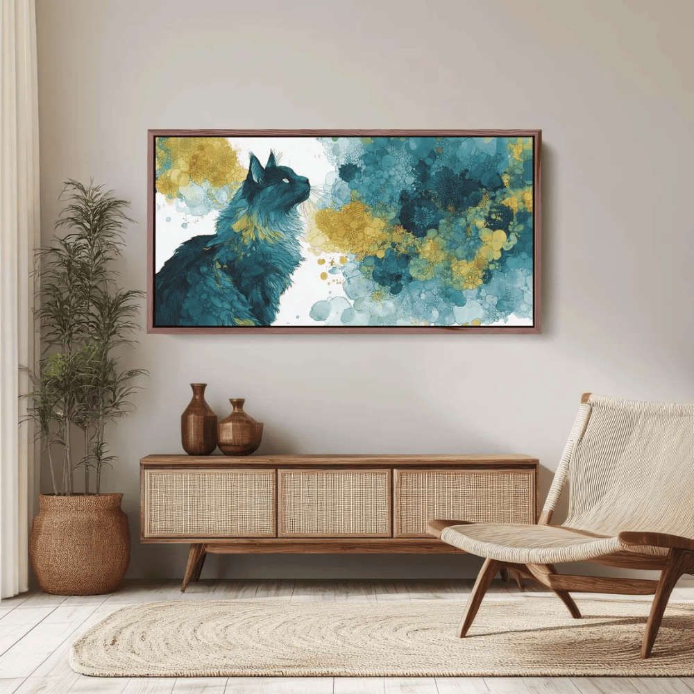 Majestic Teal Cat Abstract Canvas Art - Modern Fluid Animal Decor - Detailed Fur Illustration