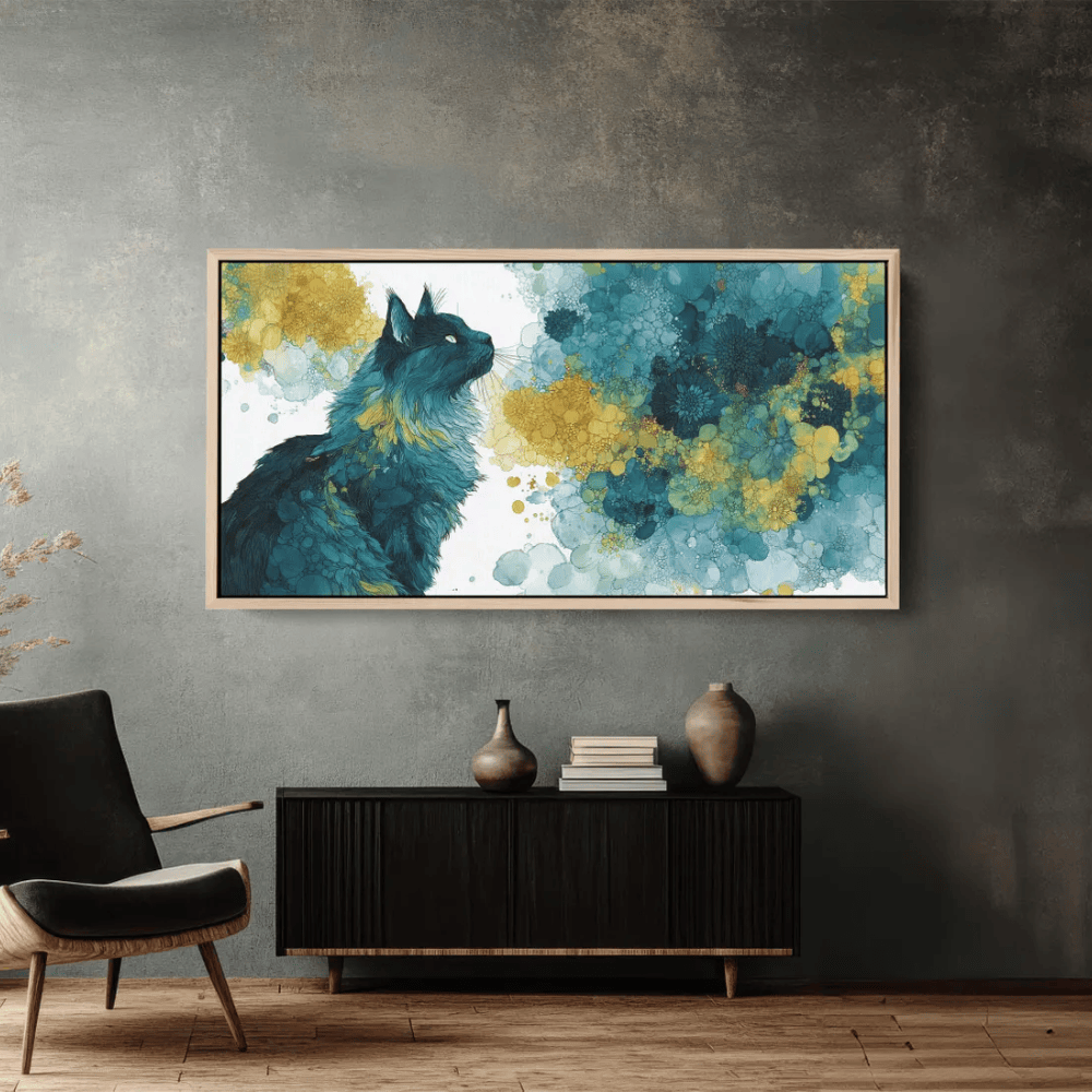 Majestic Teal Cat Abstract Canvas Art - Modern Fluid Animal Decor - Detailed Fur Illustration