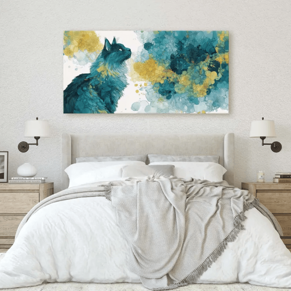 Majestic Teal Cat Abstract Canvas Art - Modern Fluid Animal Decor - Detailed Fur Illustration