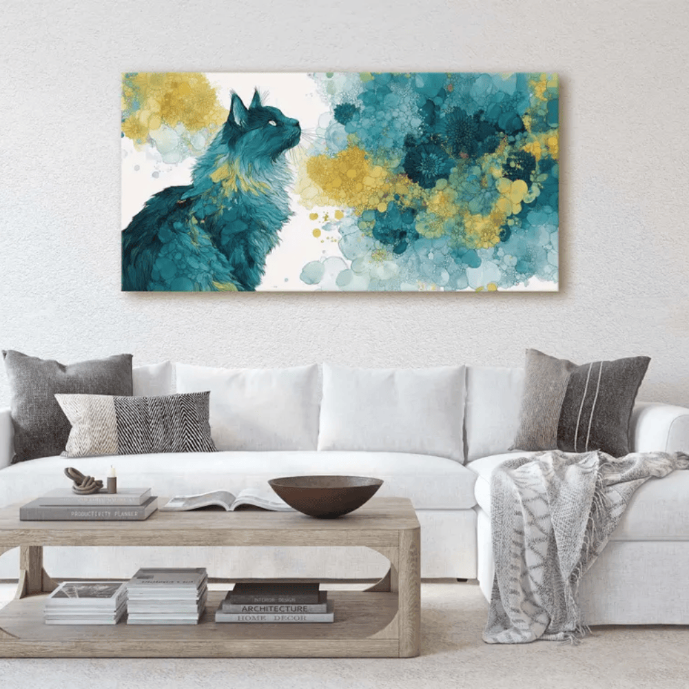 Majestic Teal Cat Abstract Canvas Art - Modern Fluid Animal Decor - Detailed Fur Illustration