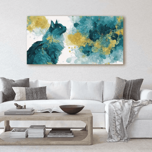 Majestic Teal Cat Abstract Canvas Art - Modern Fluid Animal Decor - Detailed Fur Illustration