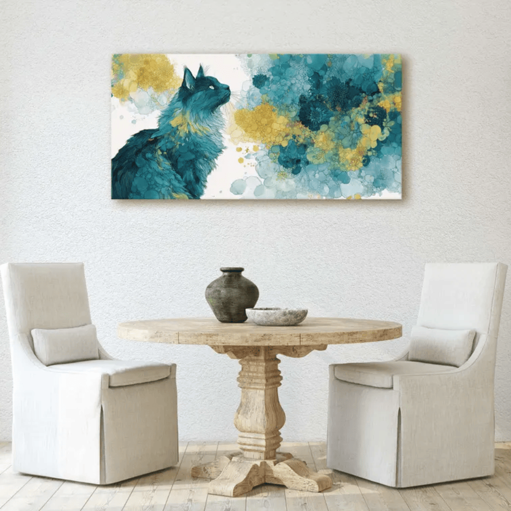 Majestic Teal Cat Abstract Canvas Art - Modern Fluid Animal Decor - Detailed Fur Illustration