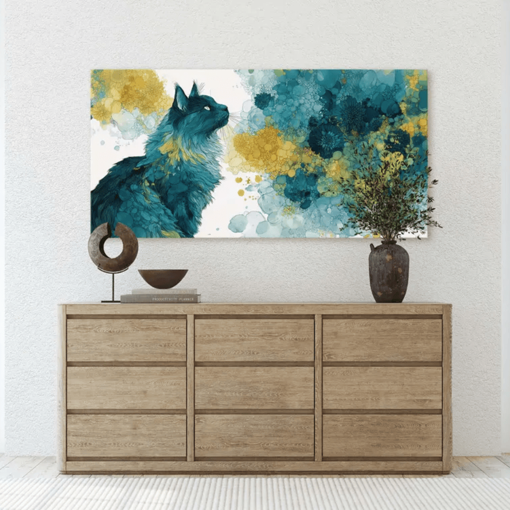 Majestic Teal Cat Abstract Canvas Art - Modern Fluid Animal Decor - Detailed Fur Illustration
