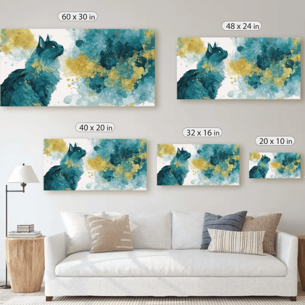 Majestic Teal Cat Abstract Canvas Art - Modern Fluid Animal Decor - Detailed Fur Illustration