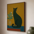 Black Cat Folk Art Canvas Print - Mustard & Teal Modern Animal Decor - Espresso Pine Frame