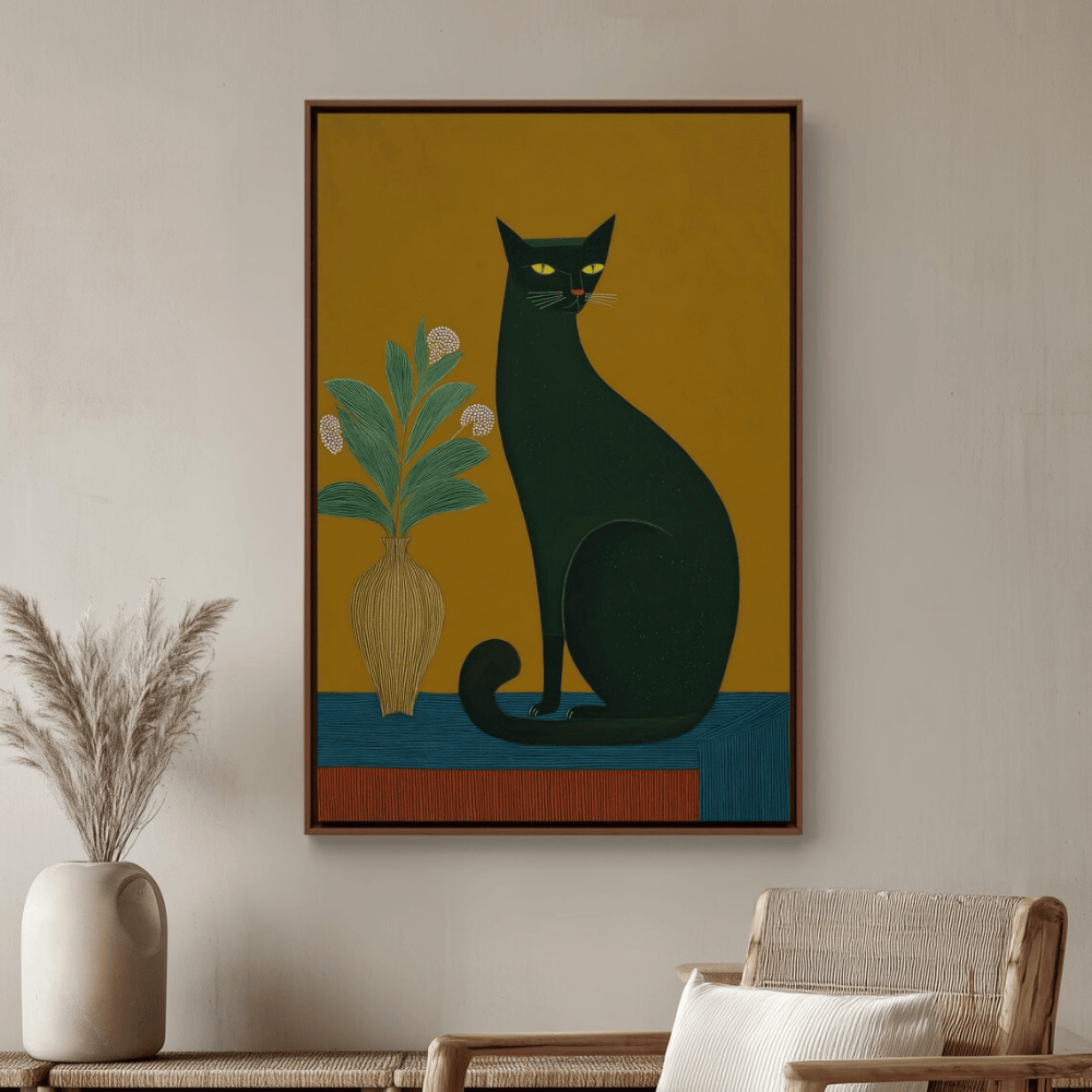 Black Cat Folk Art Canvas Print - Mustard & Teal Modern Animal Decor - Espresso Pine Frame
