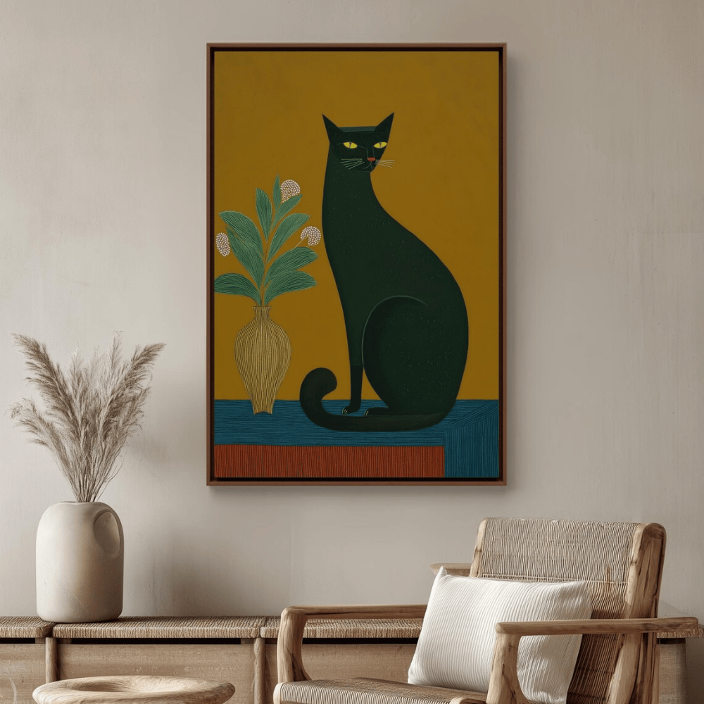 Black Cat Folk Art Canvas Print - Mustard & Teal Modern Animal Decor - Espresso Pine Frame