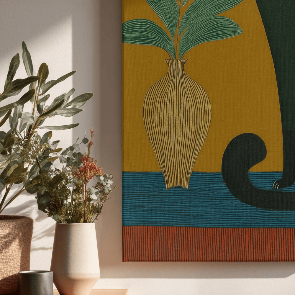 Black Cat Folk Art Canvas Print - Mustard & Teal Modern Animal Decor - Espresso Pine Frame