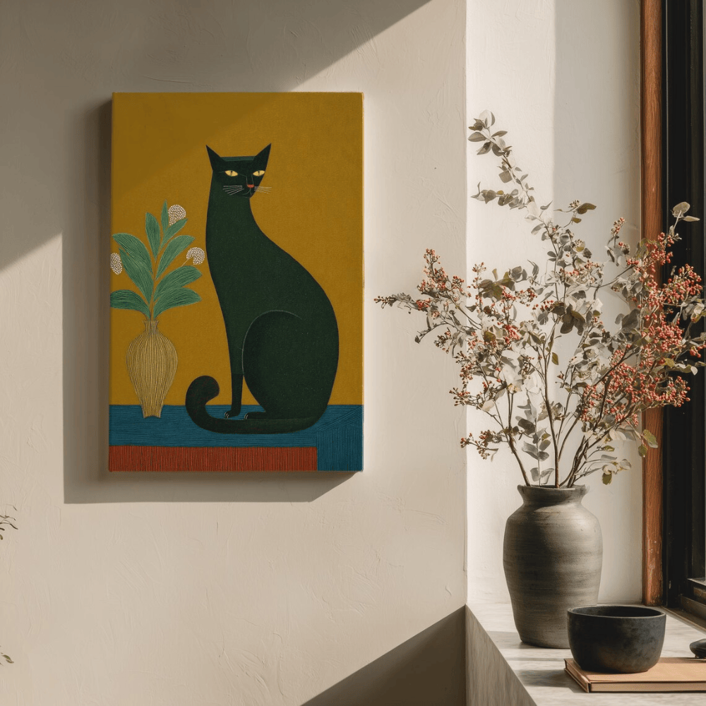 Black Cat Folk Art Canvas Print - Mustard & Teal Modern Animal Decor - Espresso Pine Frame