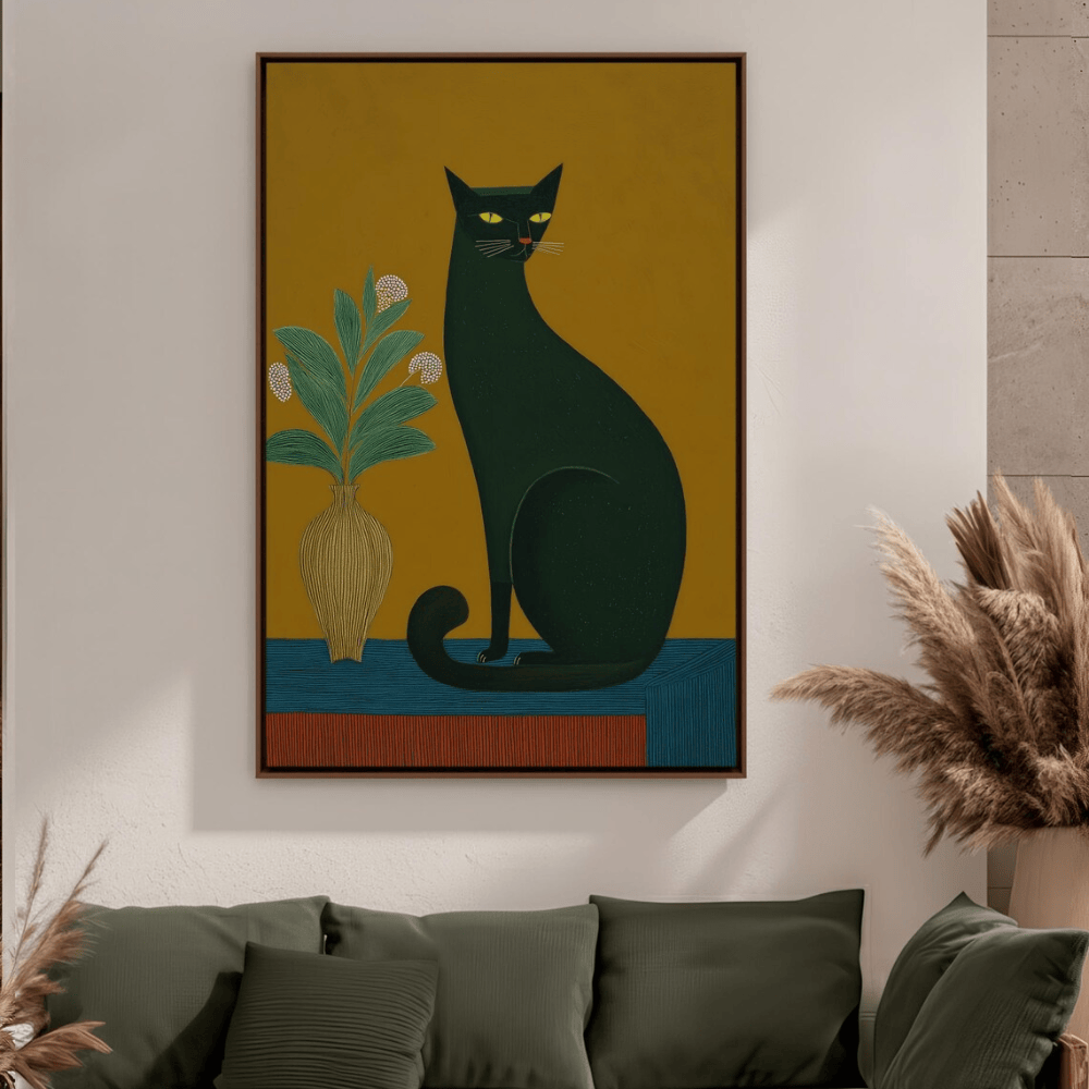Black Cat Folk Art Canvas Print - Mustard & Teal Modern Animal Decor - Espresso Pine Frame