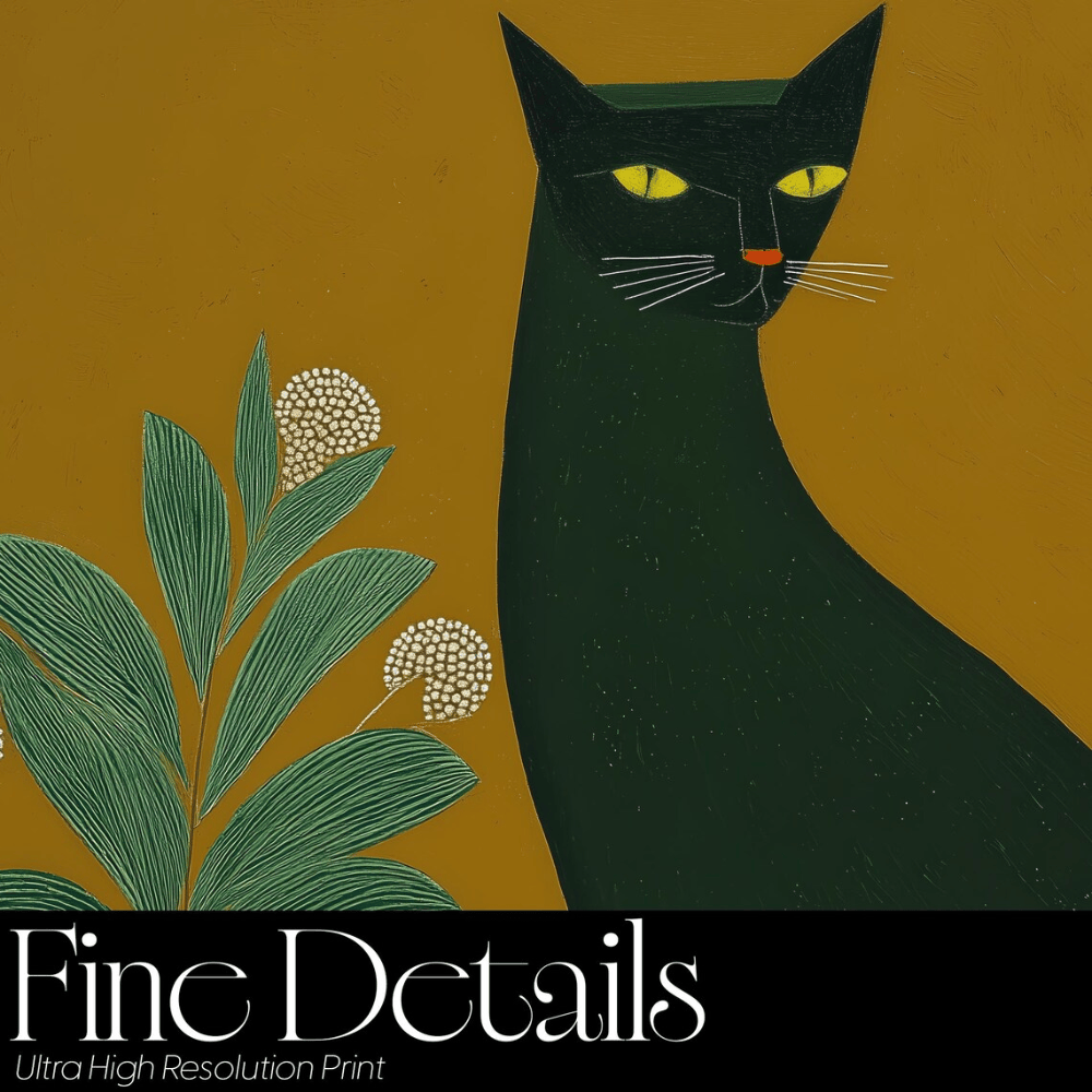 Black Cat Folk Art Canvas Print - Mustard & Teal Modern Animal Decor - Espresso Pine Frame