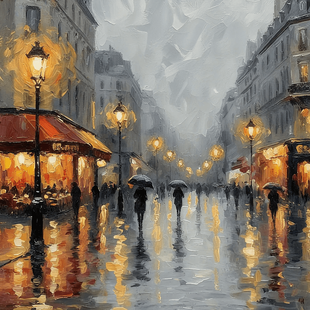 Rainy Paris Street Oil Painting - Original Hand-Painted Cityscape Canvas Art - Romantic Night Scene Wall Decor