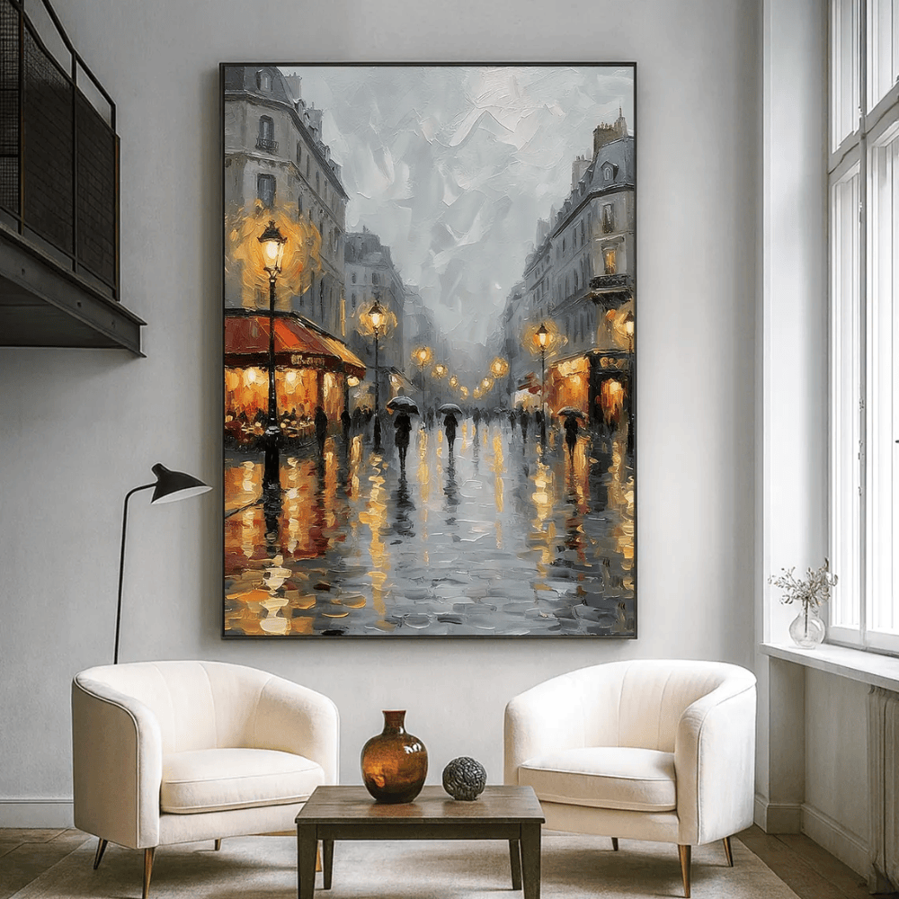 Rainy Paris Street Oil Painting - Original Hand-Painted Cityscape Canvas Art - Romantic Night Scene Wall Decor