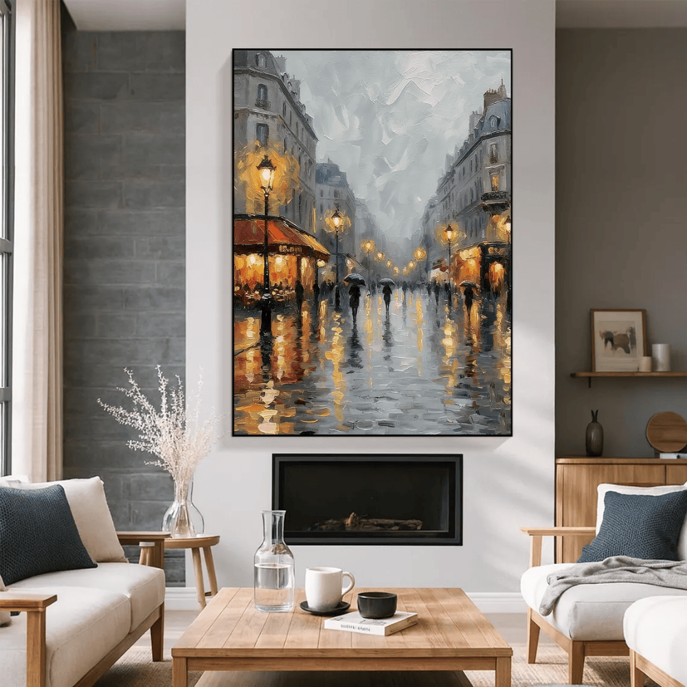 Rainy Paris Street Oil Painting - Original Hand-Painted Cityscape Canvas Art - Romantic Night Scene Wall Decor