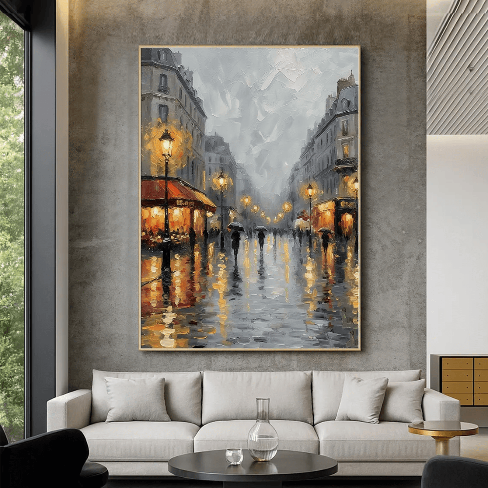 Rainy Paris Street Oil Painting - Original Hand-Painted Cityscape Canvas Art - Romantic Night Scene Wall Decor