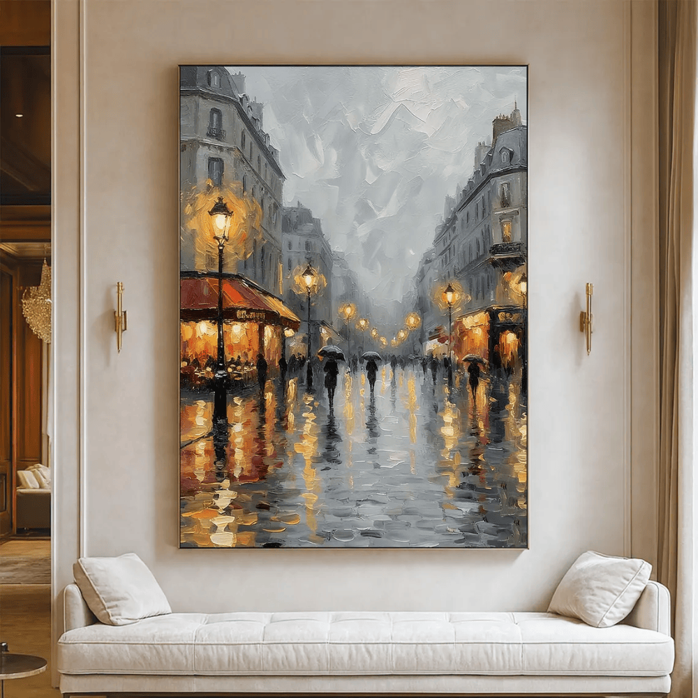 Rainy Paris Street Oil Painting - Original Hand-Painted Cityscape Canvas Art - Romantic Night Scene Wall Decor