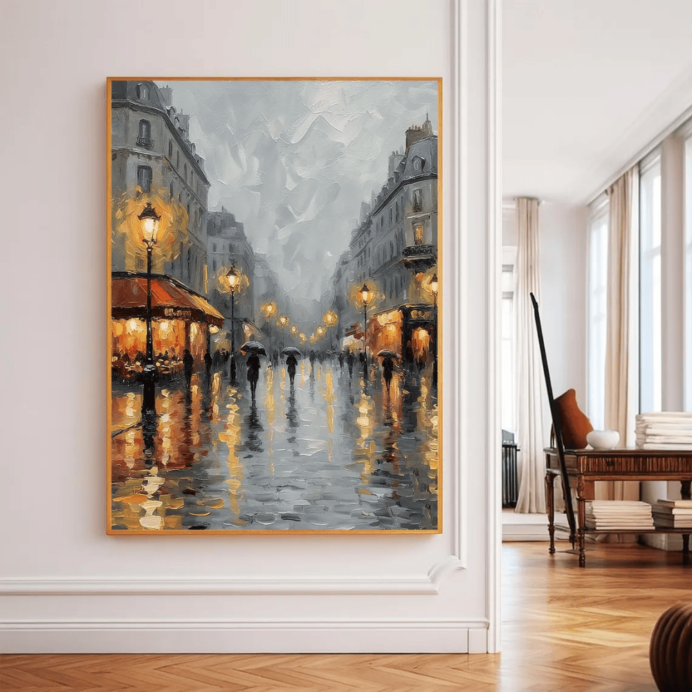 Rainy Paris Street Oil Painting - Original Hand-Painted Cityscape Canvas Art - Romantic Night Scene Wall Decor