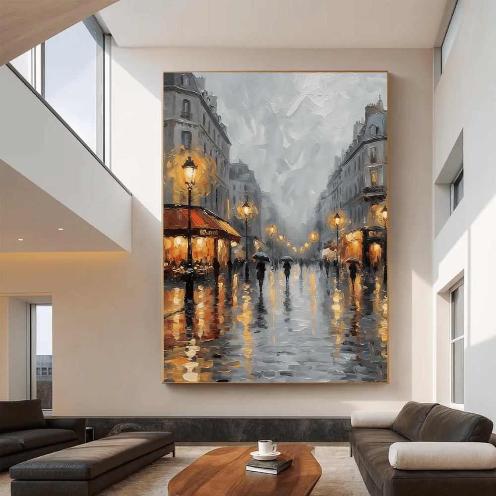 Rainy Paris Street Oil Painting - Original Hand-Painted Cityscape Canvas Art - Romantic Night Scene Wall Decor