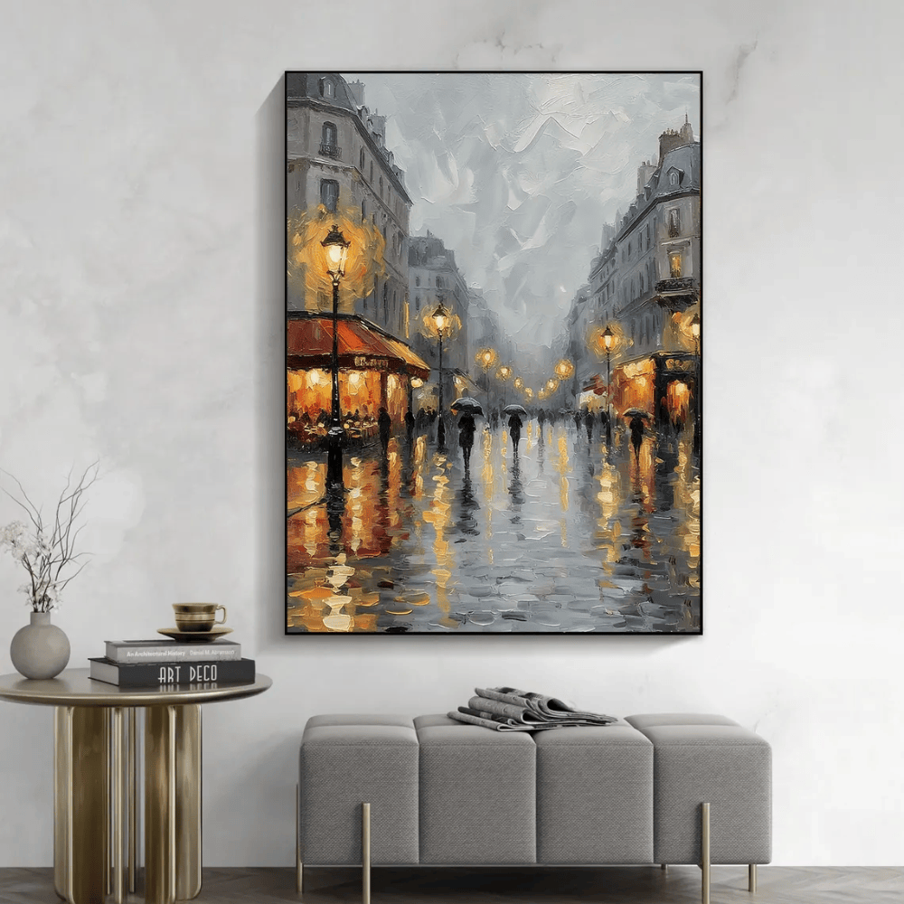 Rainy Paris Street Oil Painting - Original Hand-Painted Cityscape Canvas Art - Romantic Night Scene Wall Decor