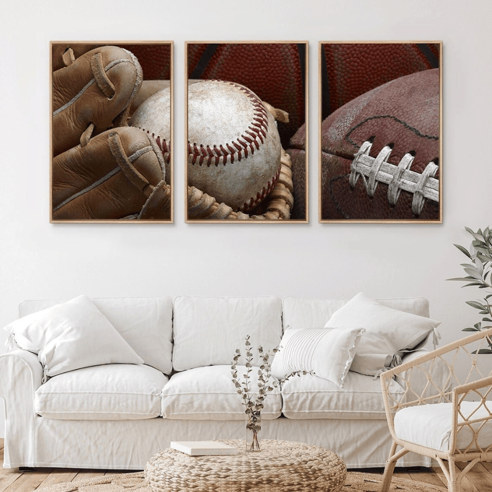 Sports Athletes Photography Framed Canvas Set of 3 - Vintage Baseball Football Basketball Wall Decor - 1.5" Floating Frame