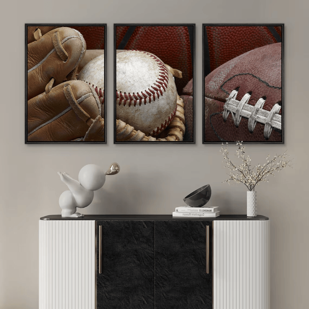 Sports Athletes Photography Framed Canvas Set of 3 - Vintage Baseball Football Basketball Wall Decor - 1.5" Floating Frame