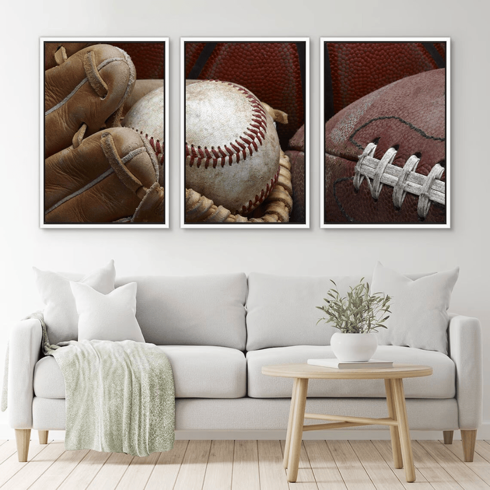 Sports Athletes Photography Framed Canvas Set of 3 - Vintage Baseball Football Basketball Wall Decor - 1.5" Floating Frame