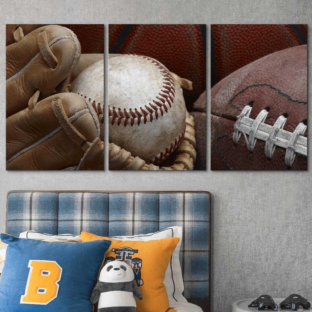 Sports Athletes Photography Framed Canvas Set of 3 - Vintage Baseball Football Basketball Wall Decor - 1.5" Floating Frame