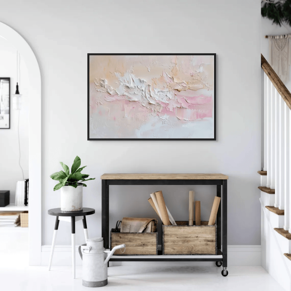 Soft Pink and Beige Abstract Canvas Art - Palette Knife Style Print - Neutral Modern Bedroom Decor