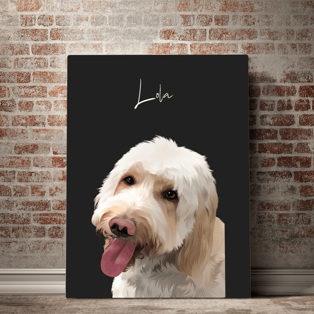 Personalized Pet Portrait Canvas Print - Custom Pet Illustration Art - Memorial Pet Gift - Handcrafted Wood Frame