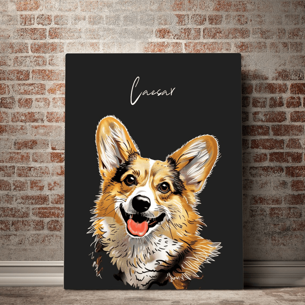 Personalized Pet Portrait Canvas Print - Custom Pet Illustration Art - Memorial Pet Gift - Handcrafted Wood Frame