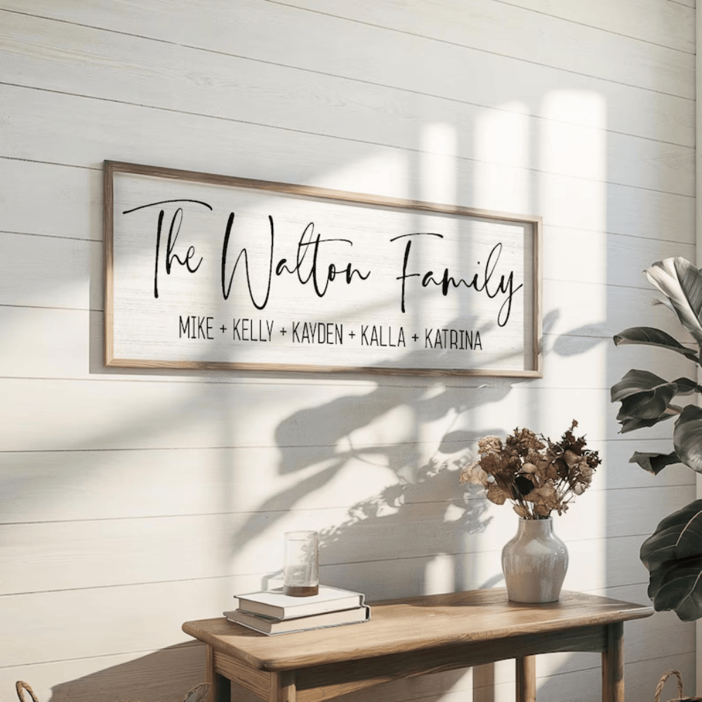 Personalized Family Name Sign - Custom Last Name Canvas Art - Solid Wood Framed Housewarming Gift