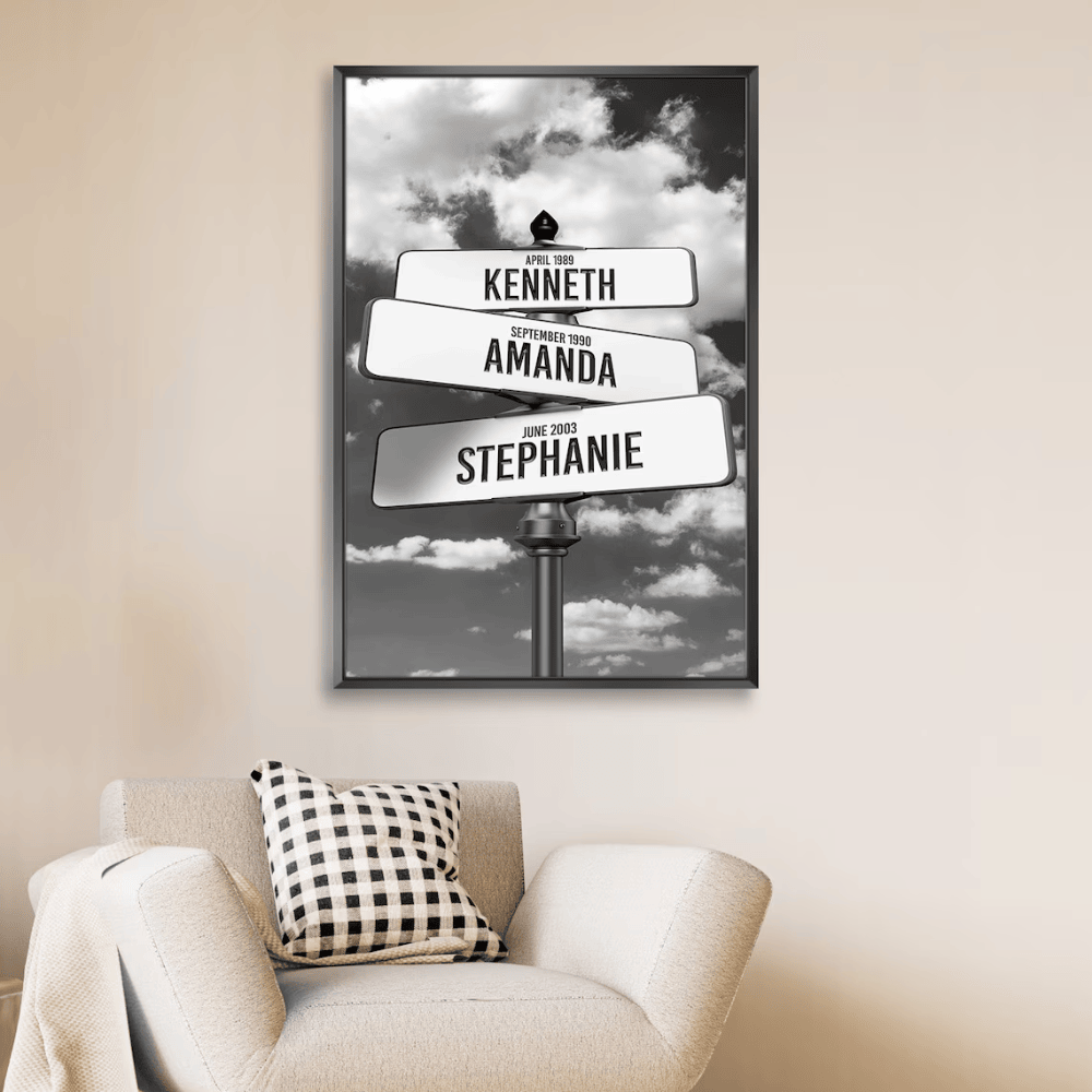 Custom Street Sign Multi-Names Canvas Art - Personalized Family Crossroads Print - Modern Urban Wall Decor